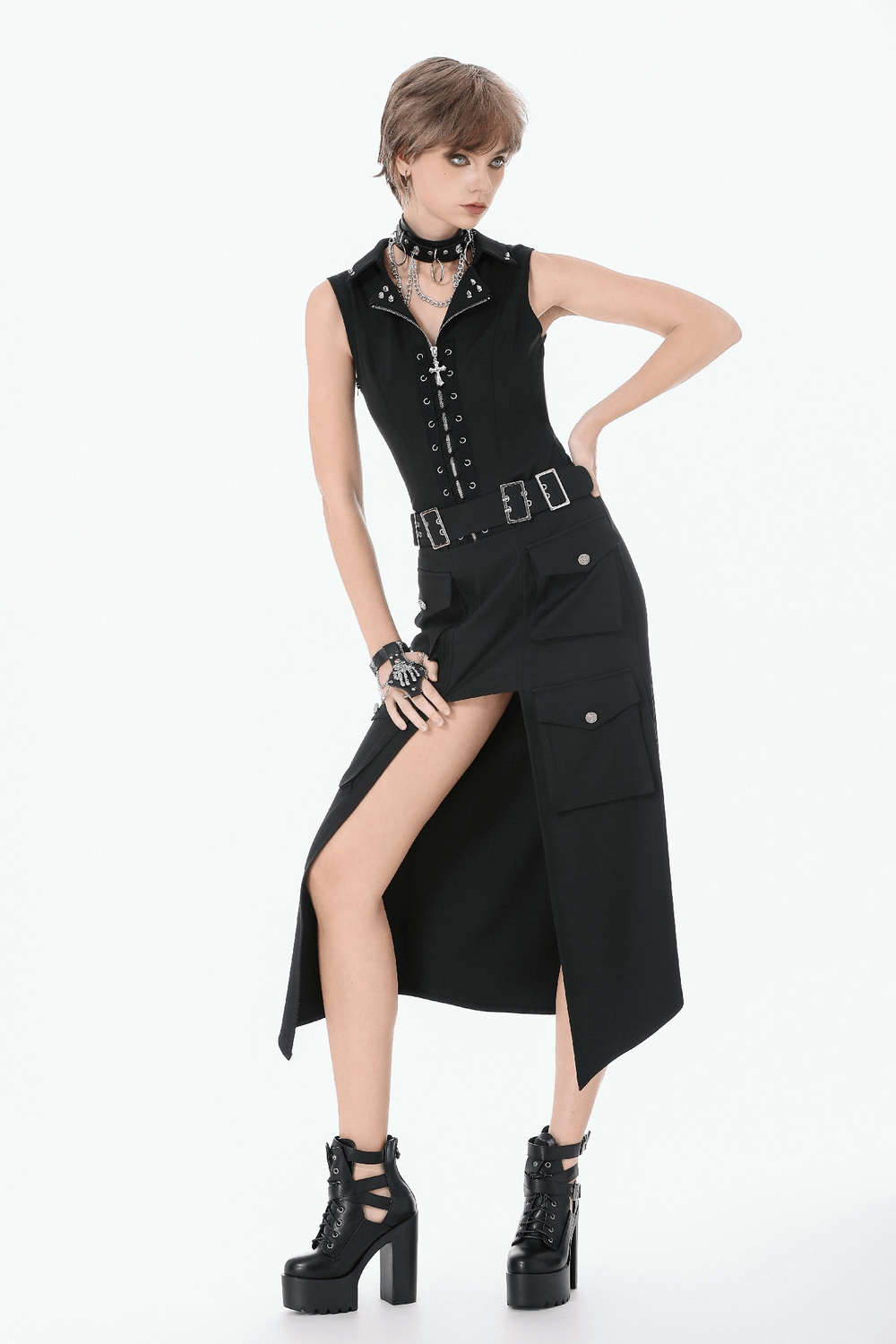 Black Gothic Lace-Up Zipper Vest with Stud Collar