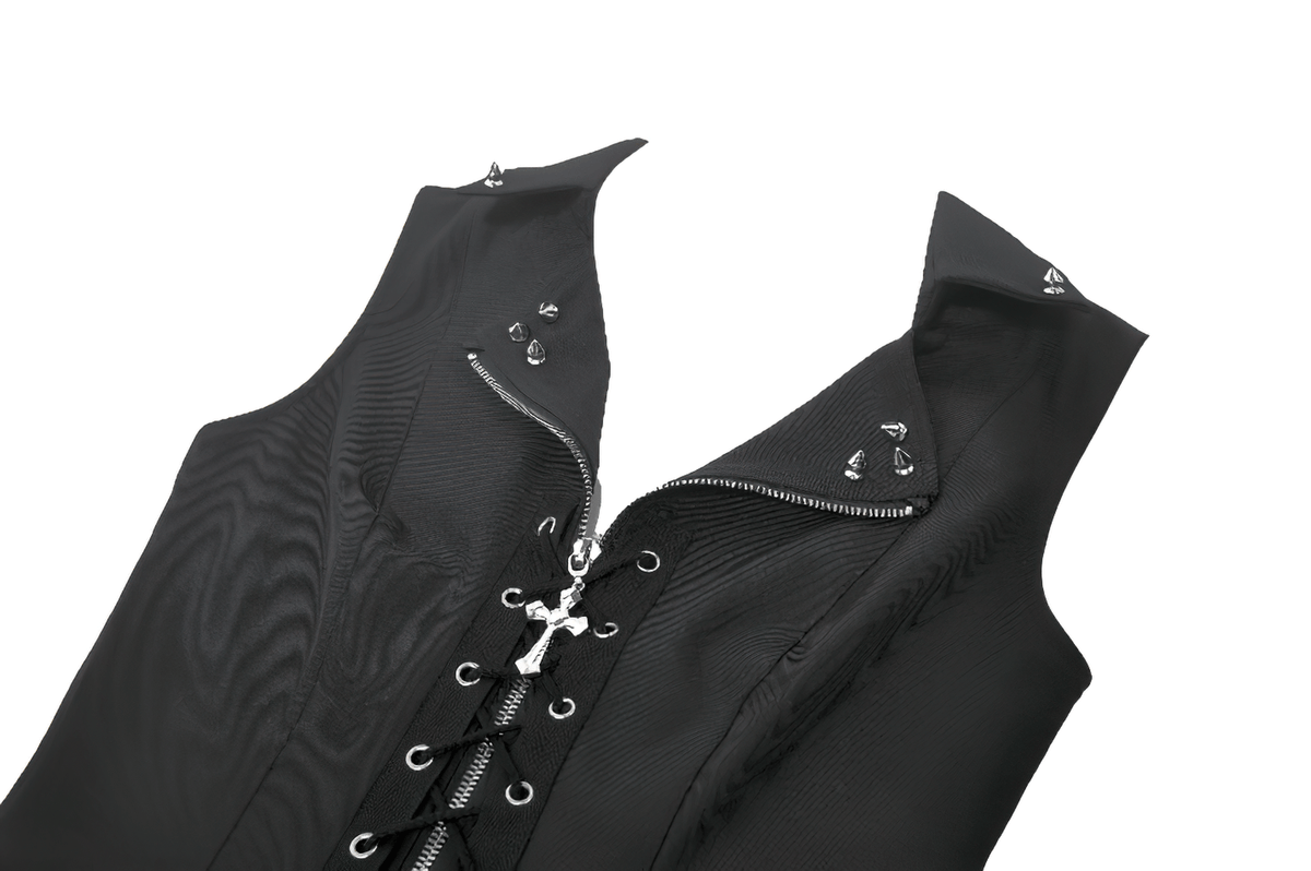 Black Gothic Lace-Up Zipper Vest with Stud Collar