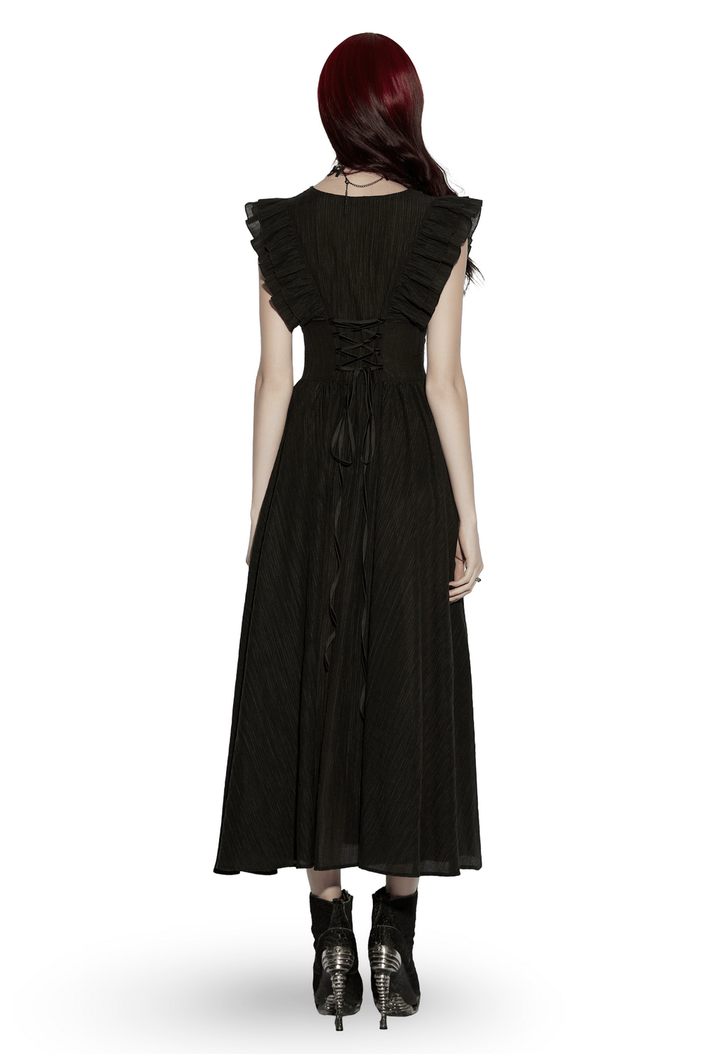 Black Gothic Maxi Dress with Lace V-Neck and Ruffle Sleeves