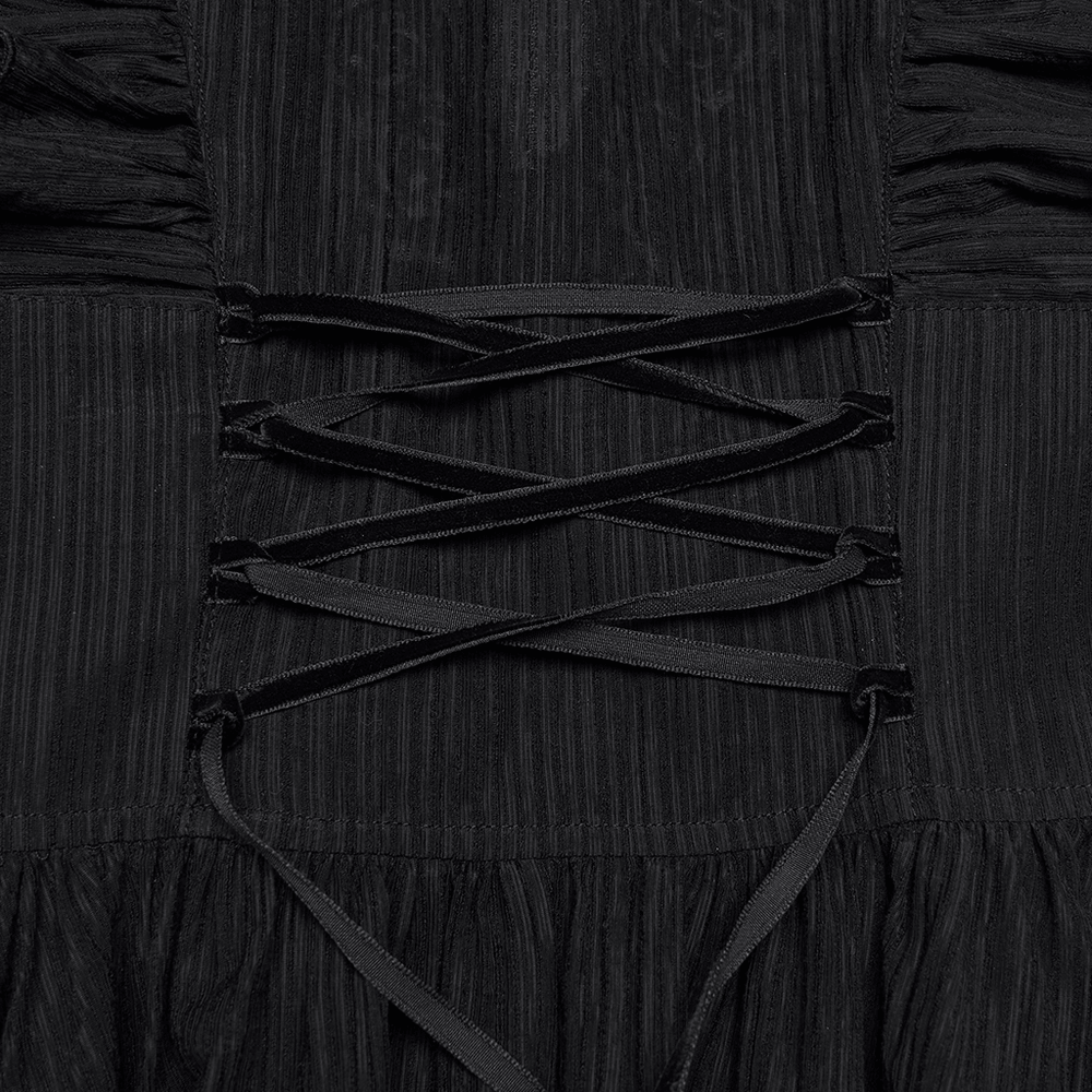 Black Gothic Maxi Dress with Lace V-Neck and Ruffle Sleeves