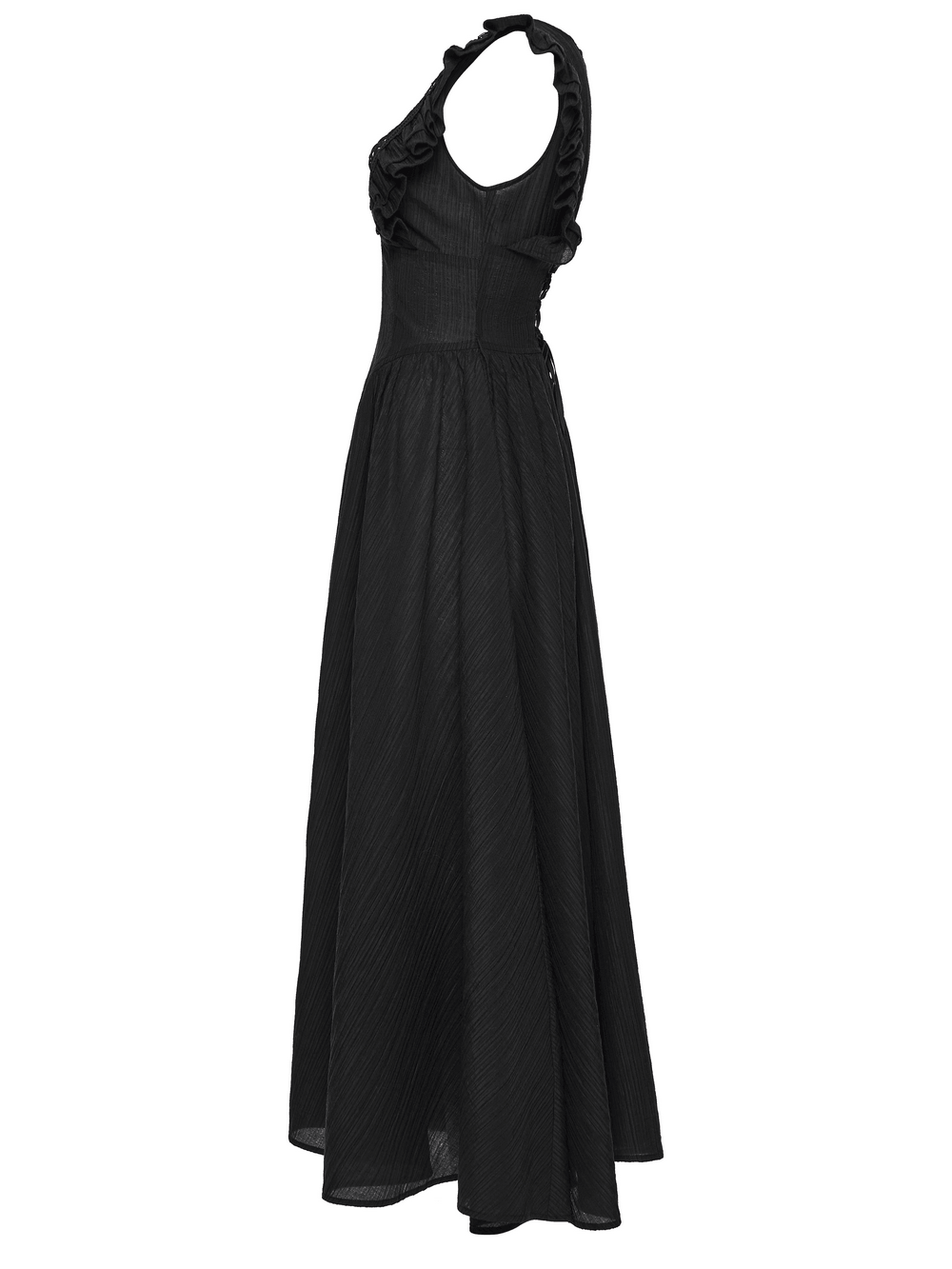 Black Gothic Maxi Dress with Lace V-Neck and Ruffle Sleeves