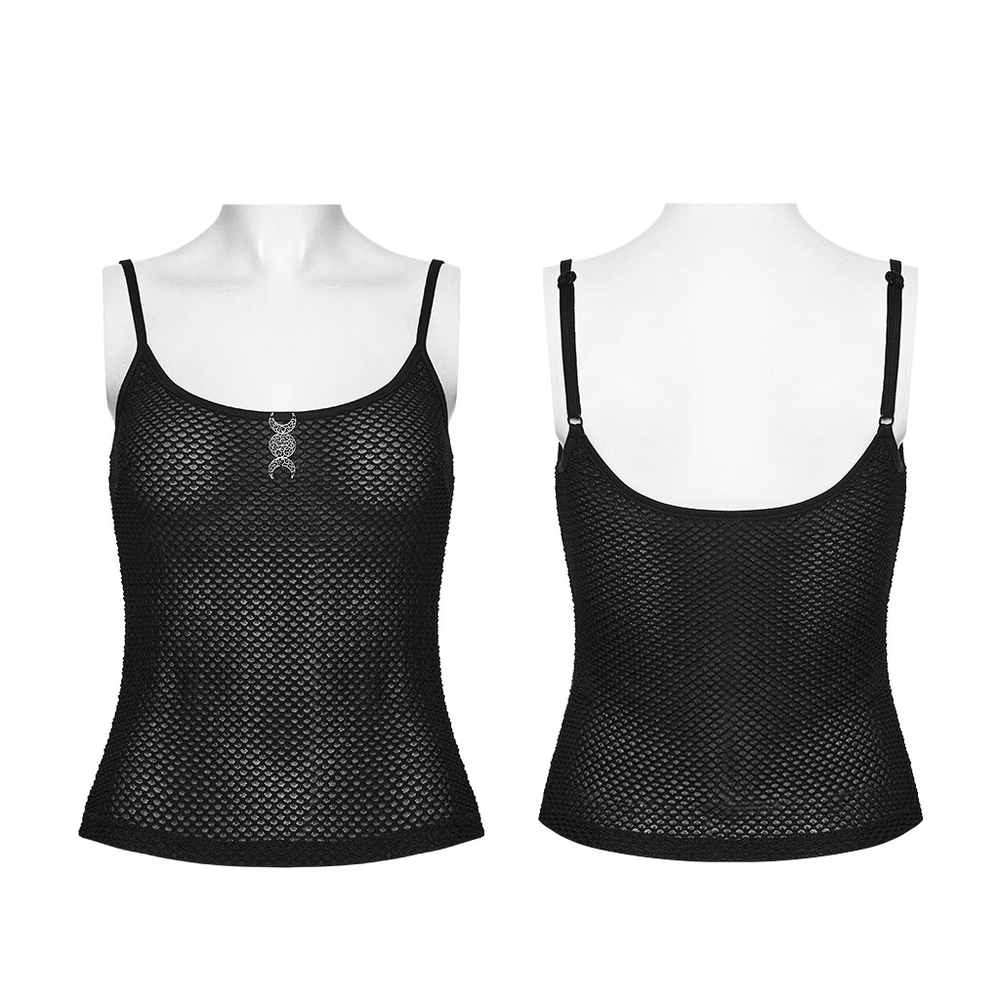 Black Gothic Mesh Camisole with Moon Charm Detail