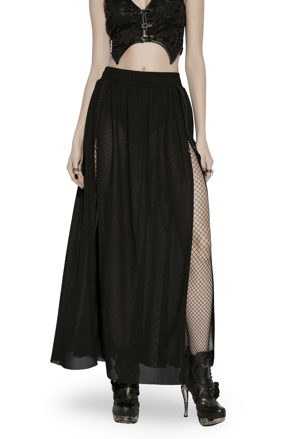 Black Gothic Mesh Maxi Skirt with Side Slit Detail
