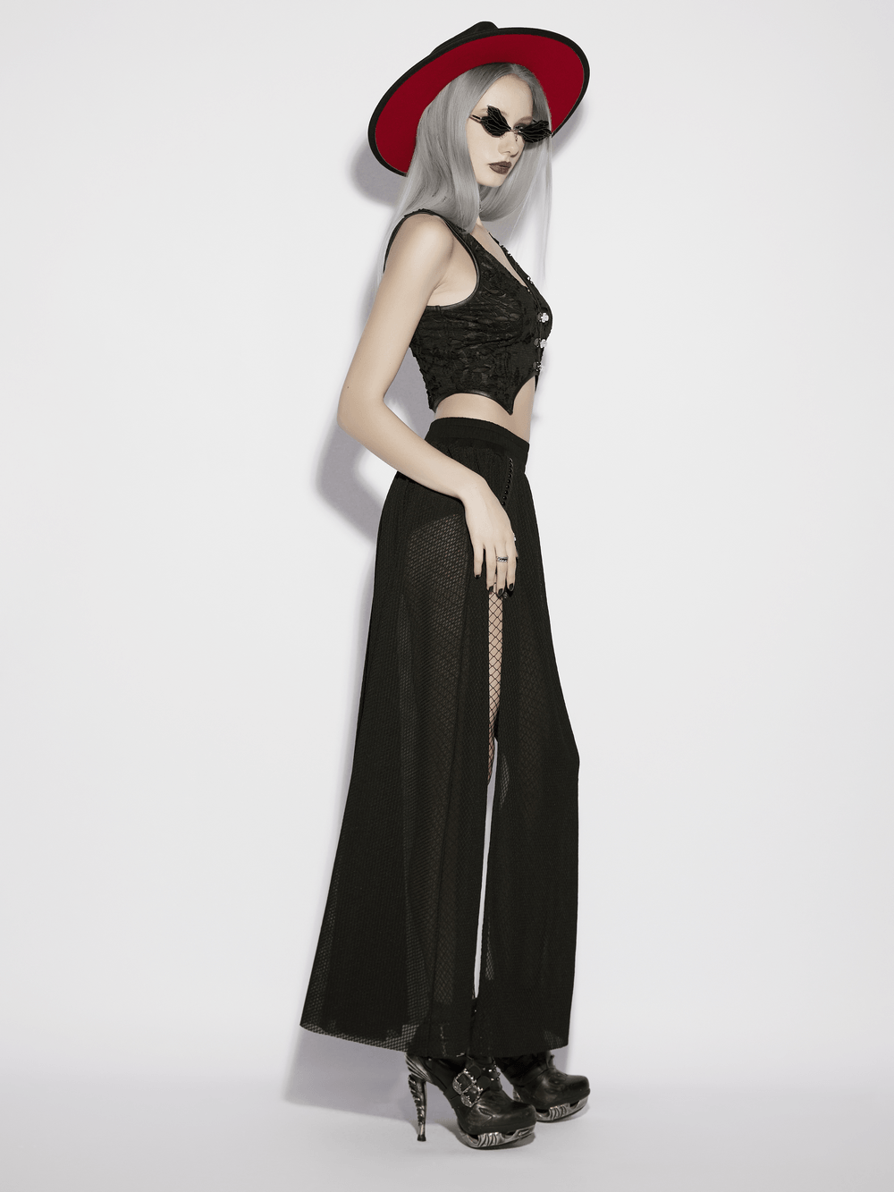 Black Gothic Mesh Maxi Skirt with Side Slit Detail