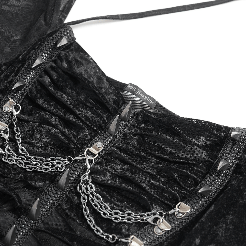 Black Gothic Mesh Short-Sleeved Top with Chains and Lacing