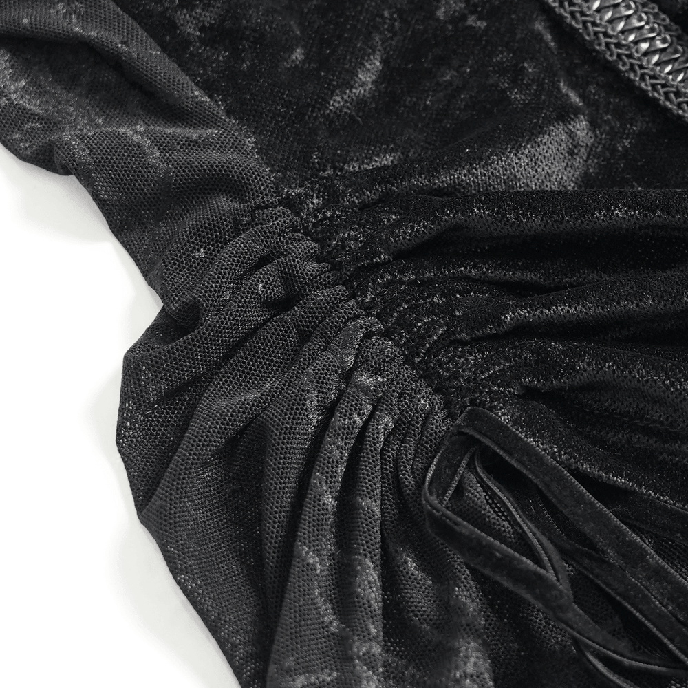 Black Gothic Mesh Short-Sleeved Top with Chains and Lacing