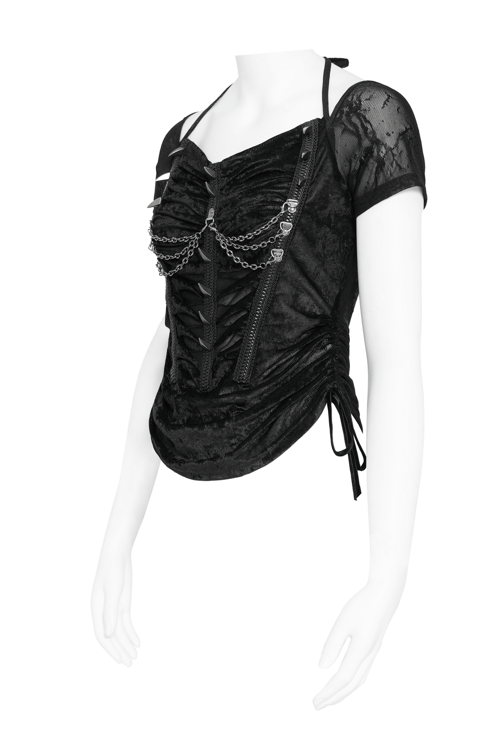 Black Gothic Mesh Short-Sleeved Top with Chains and Lacing