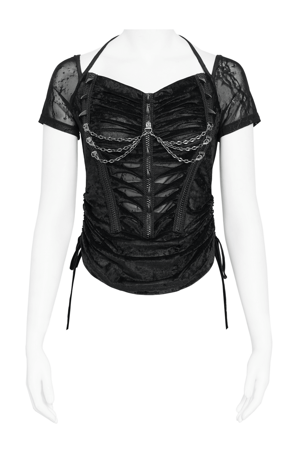 Black Gothic Mesh Short-Sleeved Top with Chains and Lacing