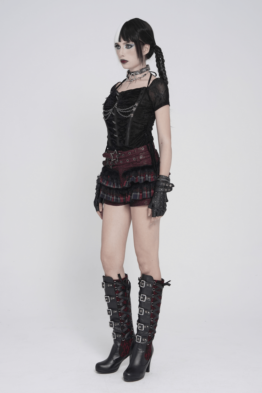 Black Gothic Mesh Short-Sleeved Top with Chains and Lacing