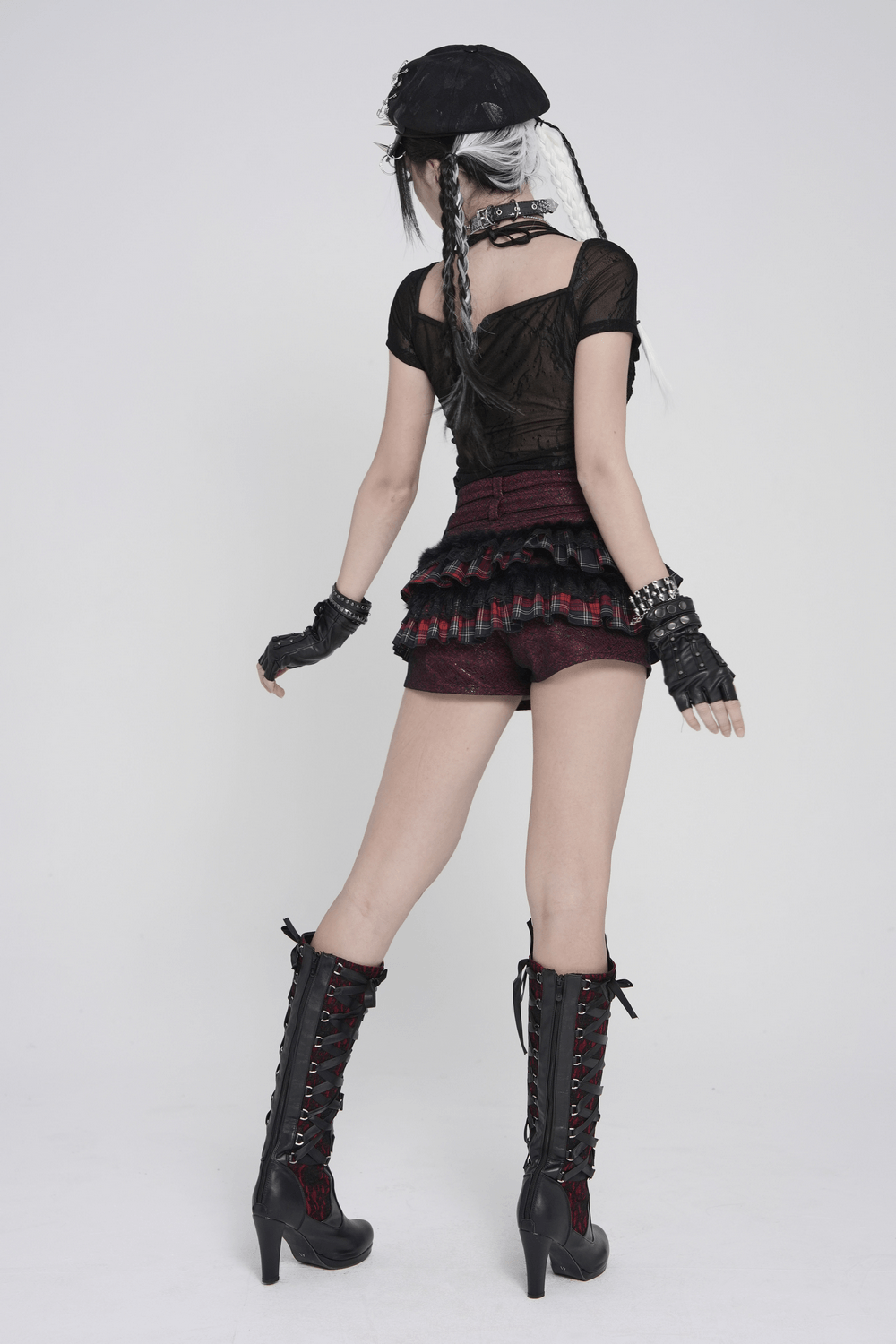 Black Gothic Mesh Short-Sleeved Top with Chains and Lacing