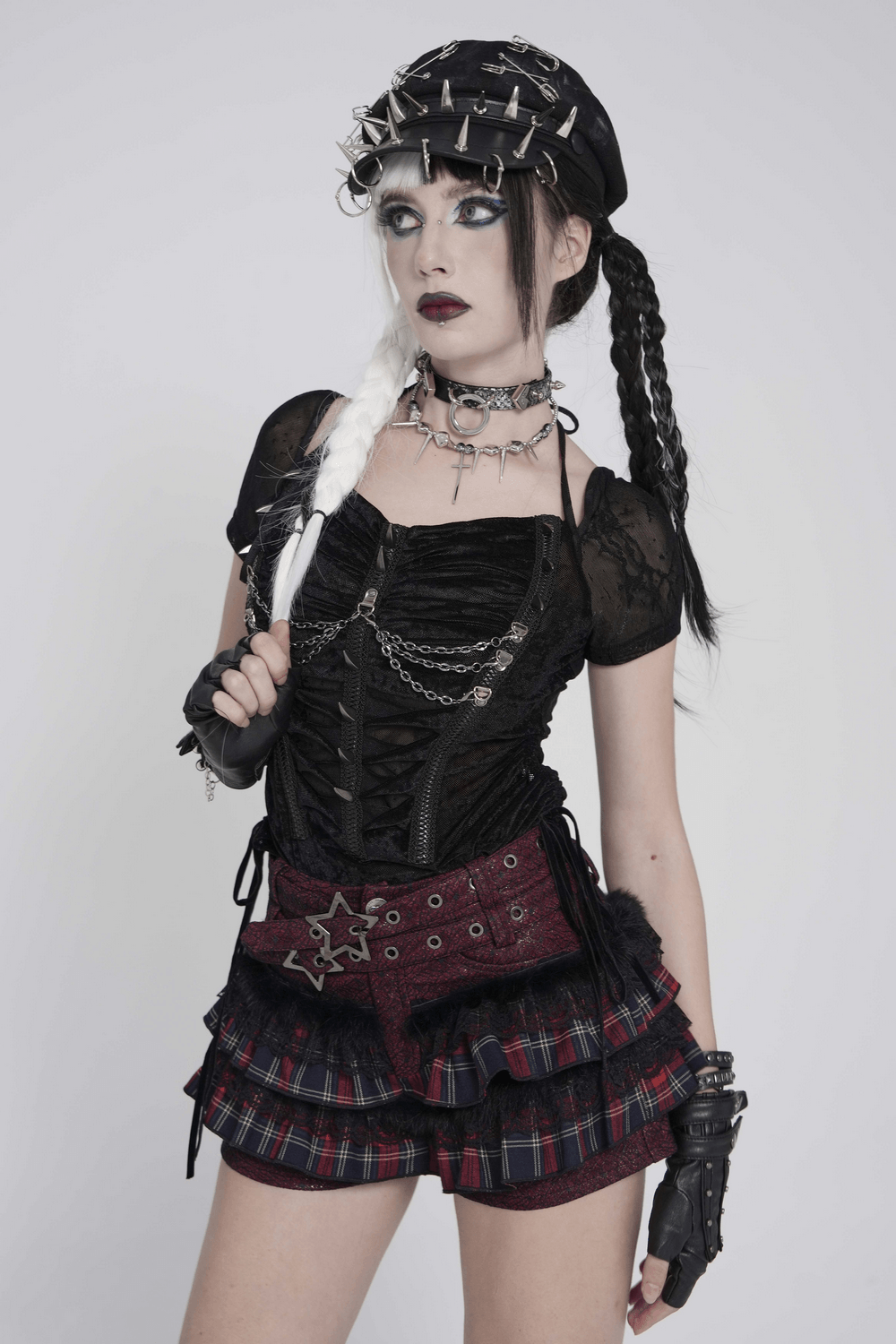 Black Gothic Mesh Short-Sleeved Top with Chains and Lacing