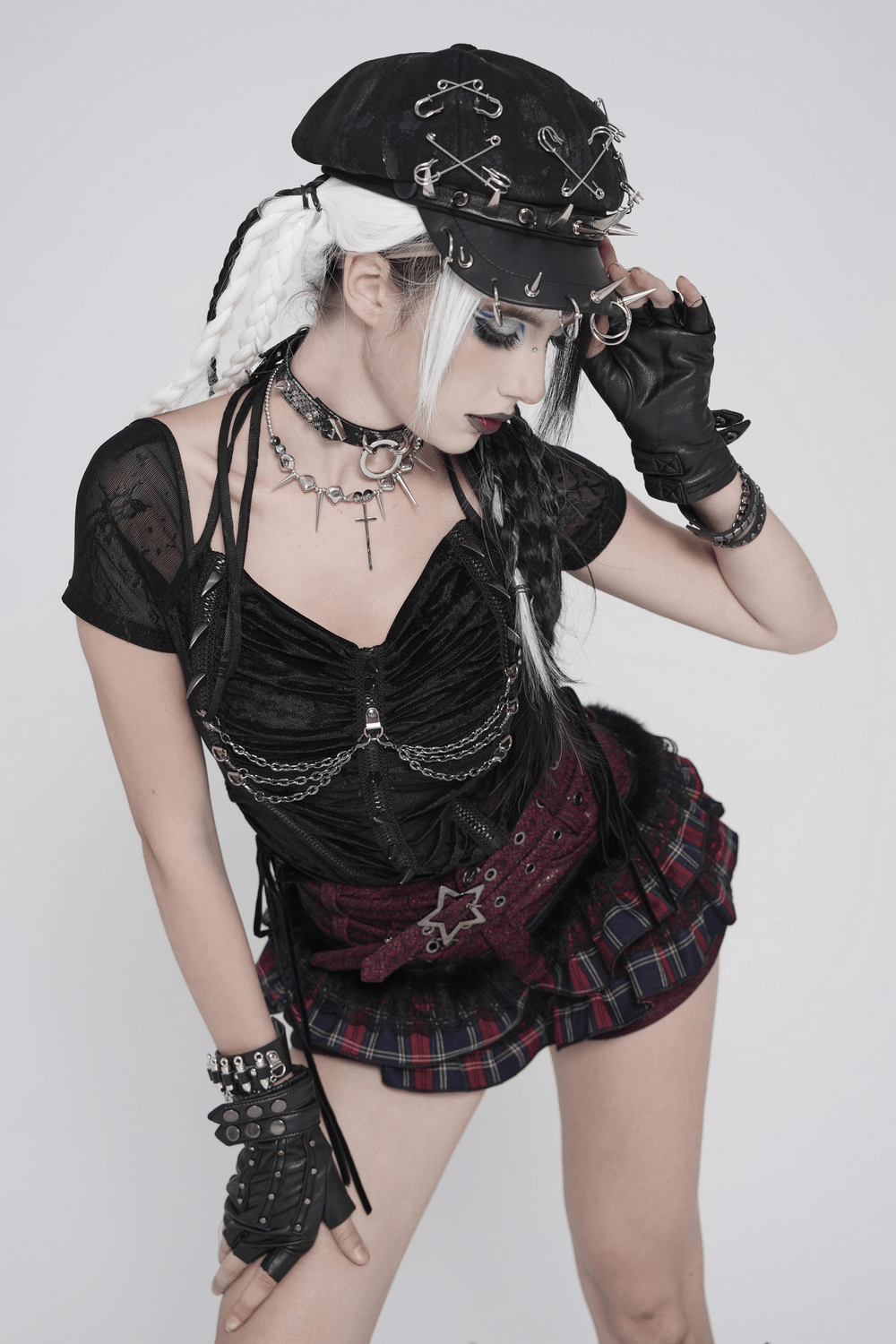 Black Gothic Mesh Short-Sleeved Top with Chains and Lacing