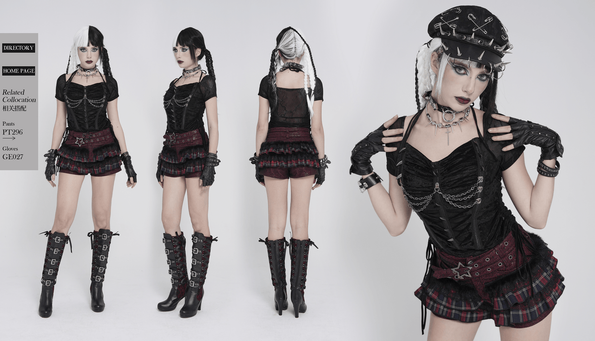 Black Gothic Mesh Short-Sleeved Top with Chains and Lacing
