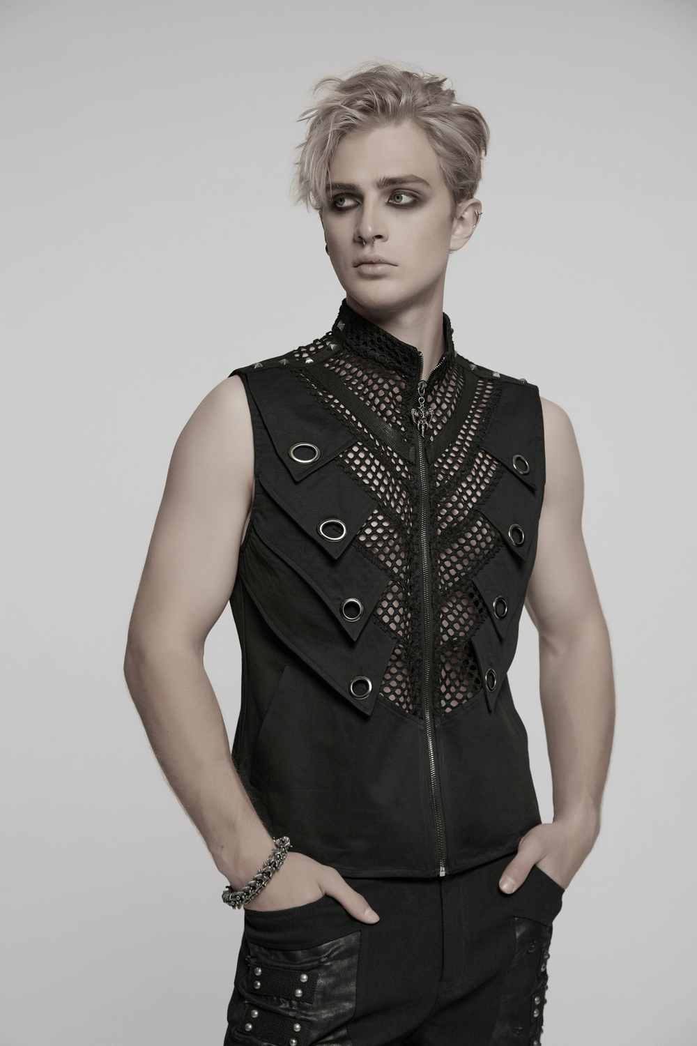 Black Gothic Mesh Vest with Metal Eyelet Accents