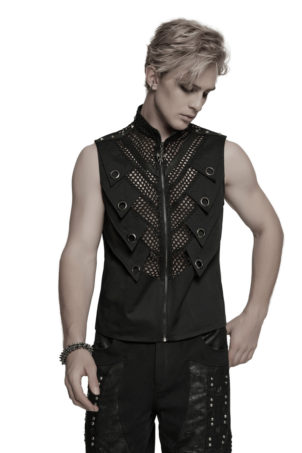 Black Gothic Mesh Vest with Metal Eyelet Accents