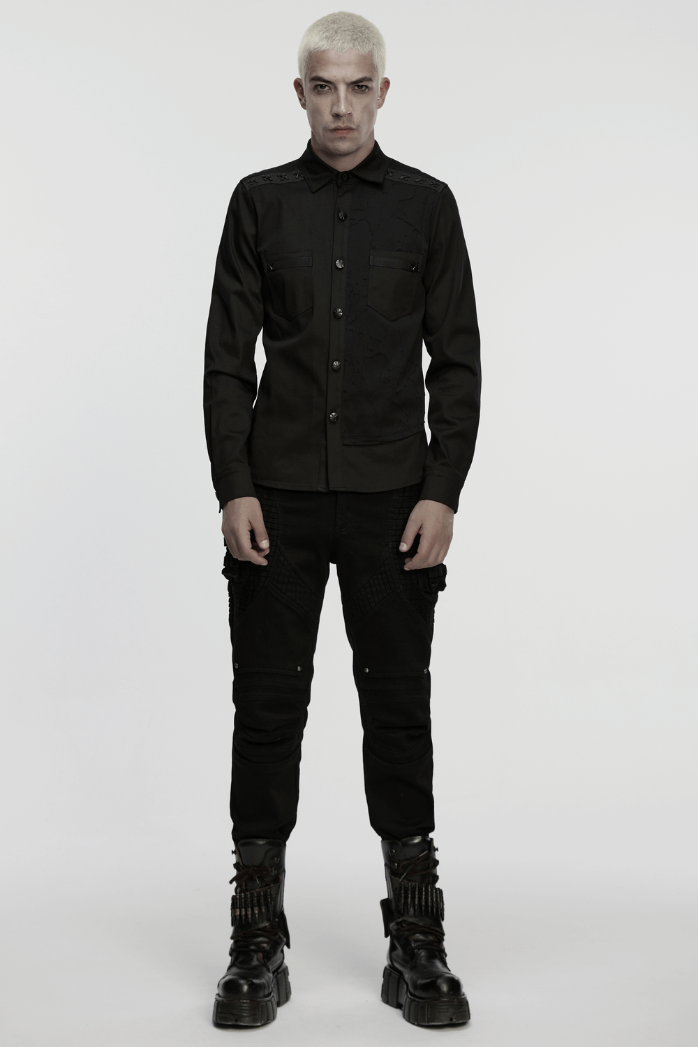 Black Gothic Military Shirt with Studded Shoulder Detail