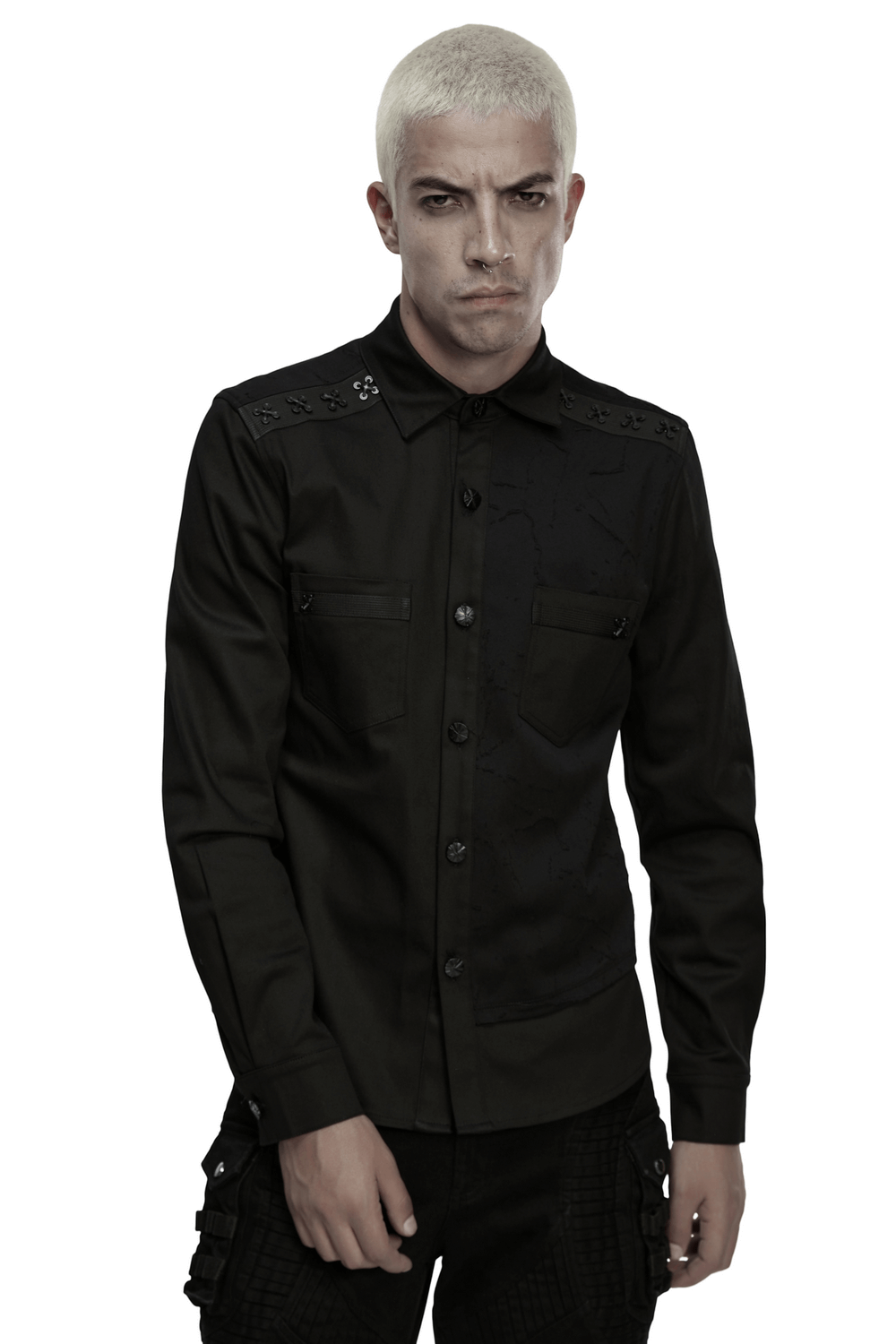 Black Gothic Military Shirt with Studded Shoulder Detail