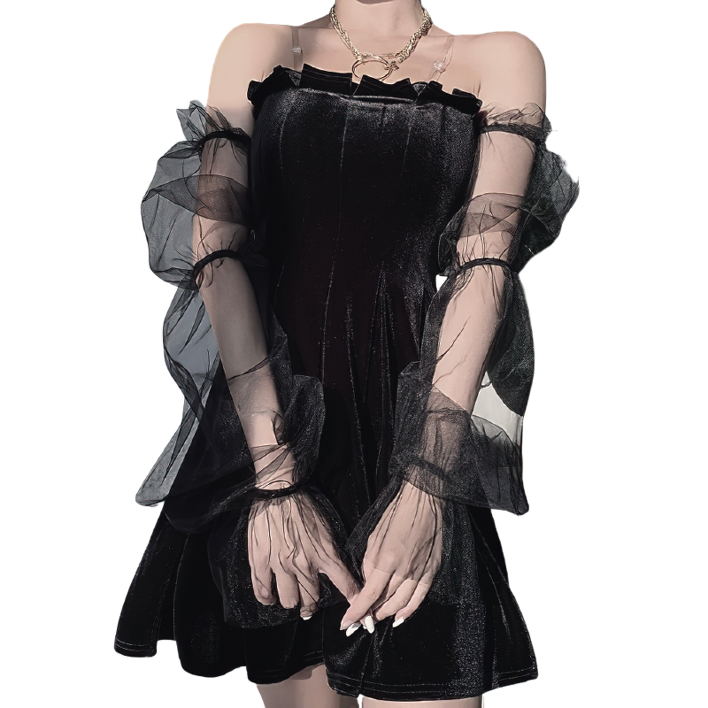 Black Gothic Mini Dress for Women / Sexy Off Shoulder Dress / Punk Rock Dress with Long Sleeve