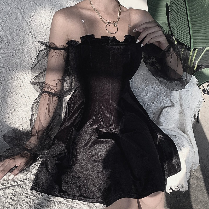 Black Gothic Mini Dress for Women / Sexy Off Shoulder Dress / Punk Rock Dress with Long Sleeve
