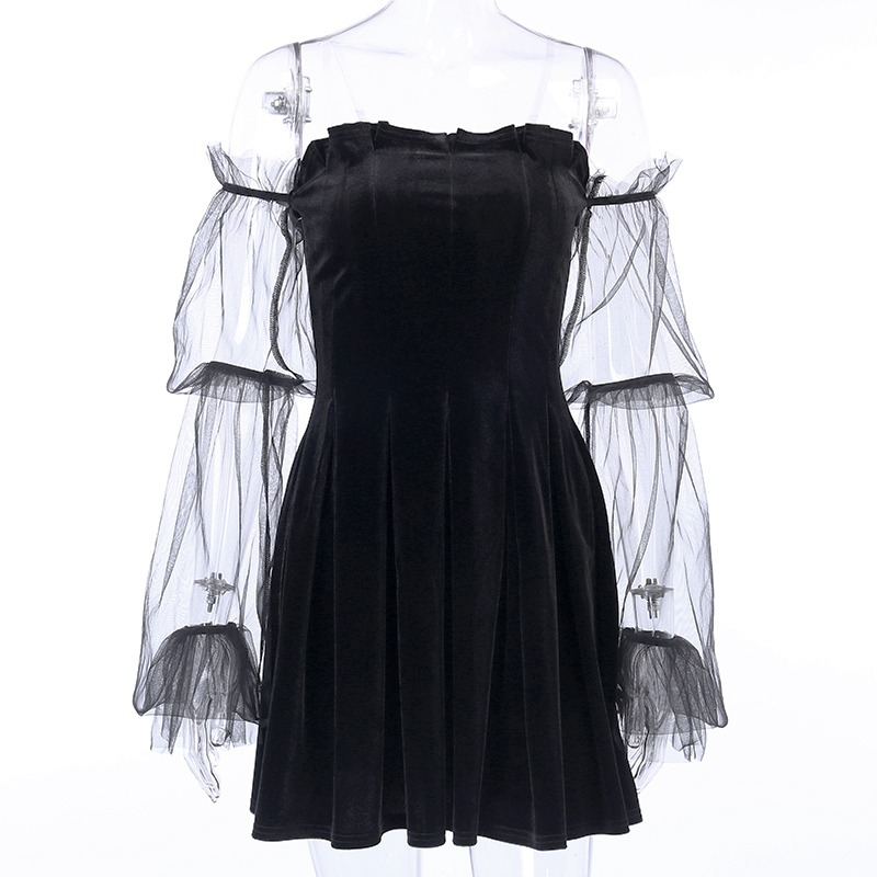 Black Gothic Mini Dress for Women / Sexy Off Shoulder Dress / Punk Rock Dress with Long Sleeve