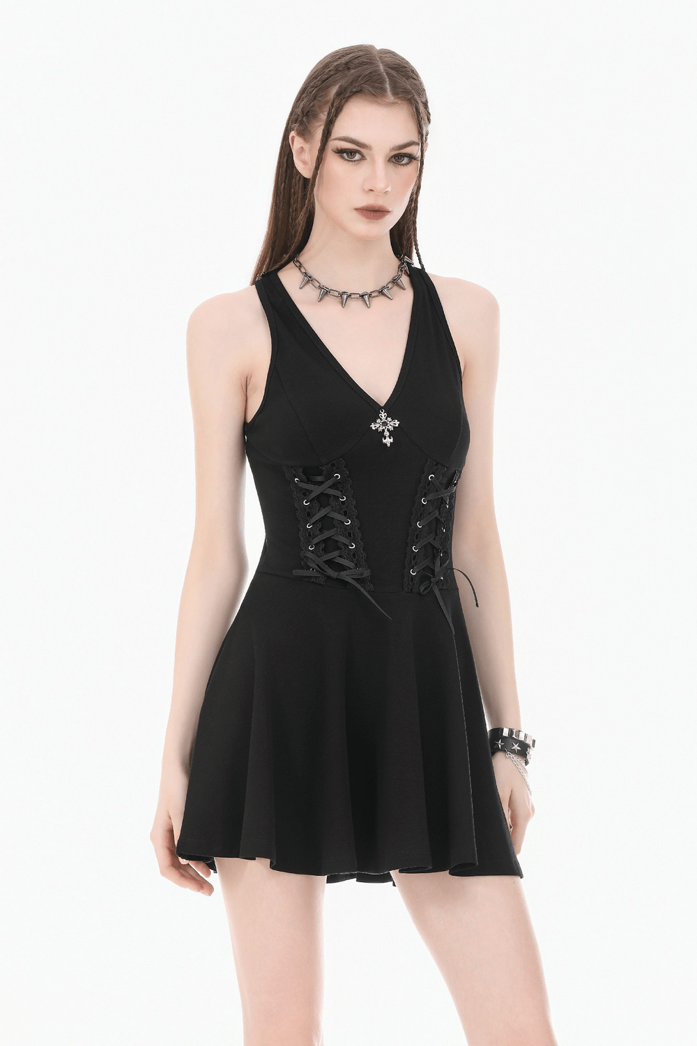 Black Gothic Mini Dress with Side Corset Lacing