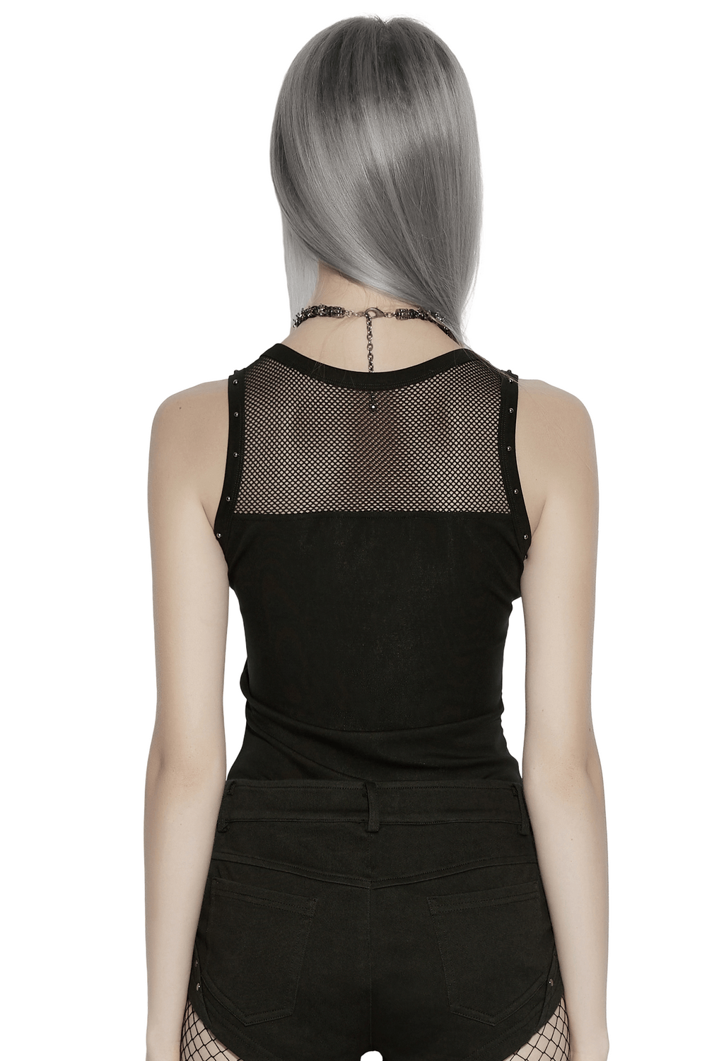 Black Gothic Moon Phase Mesh Tank Top with Rivet Trim