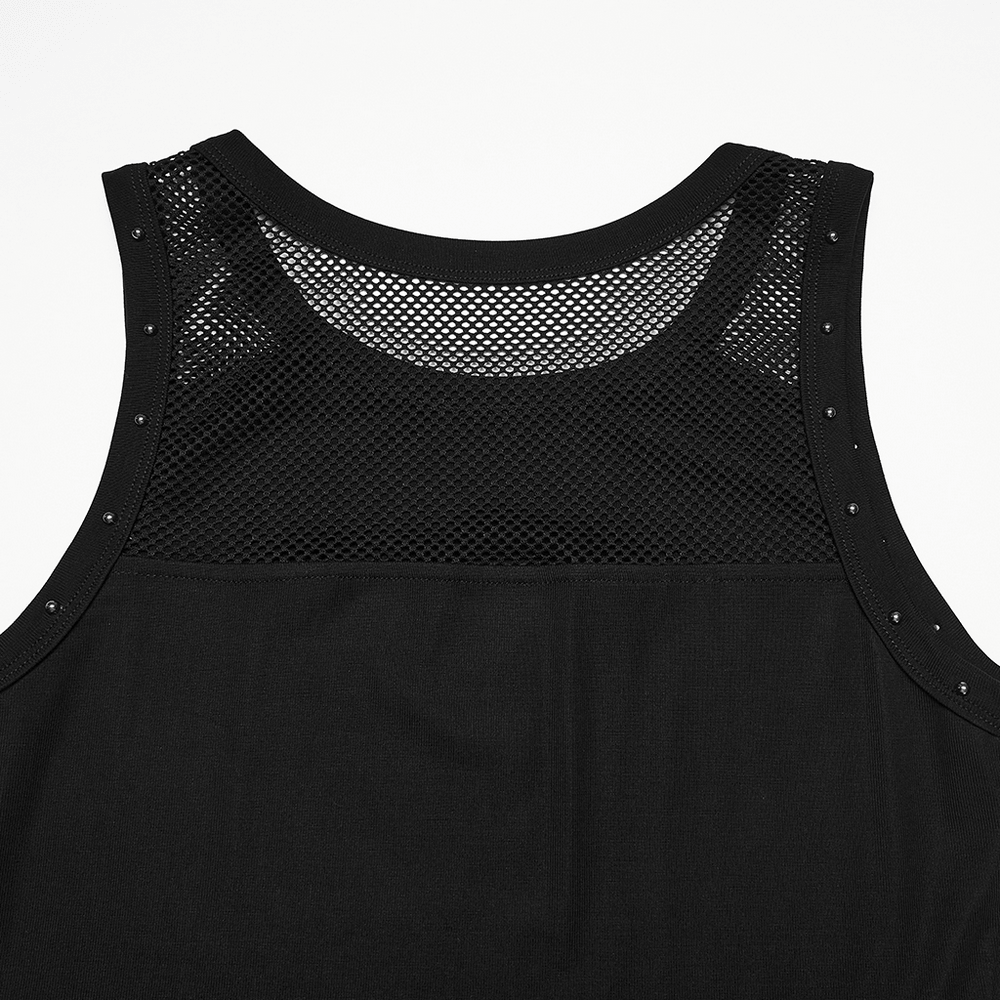 Black Gothic Moon Phase Mesh Tank Top with Rivet Trim