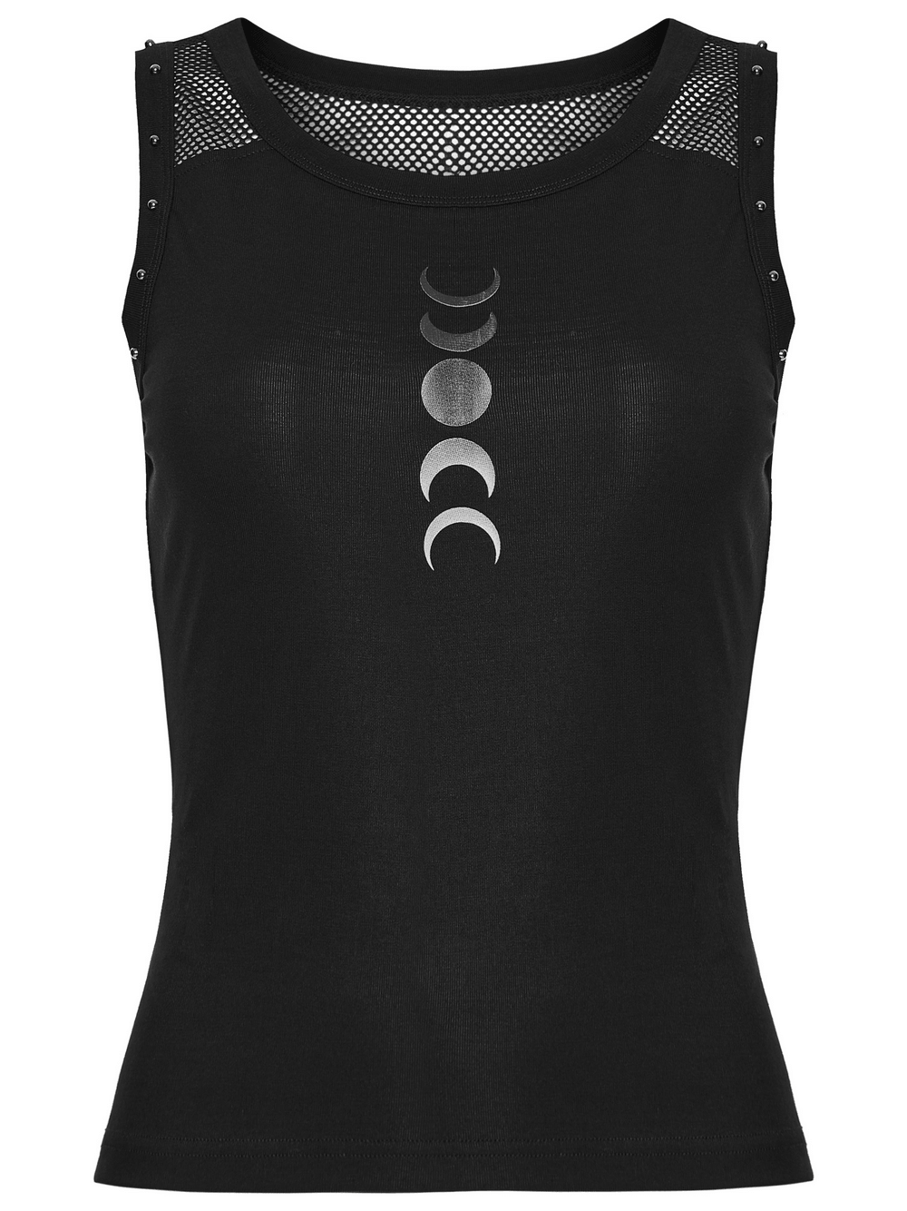 Black Gothic Moon Phase Mesh Tank Top with Rivet Trim