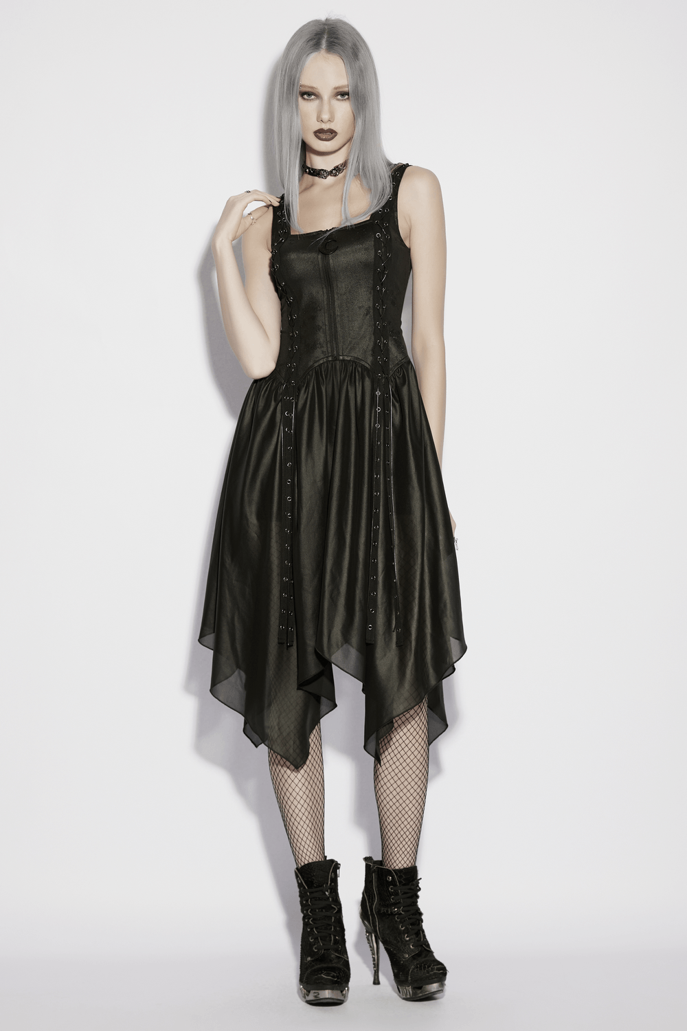 Black Gothic Moon Zip Handkerchief Hem Midi Dress