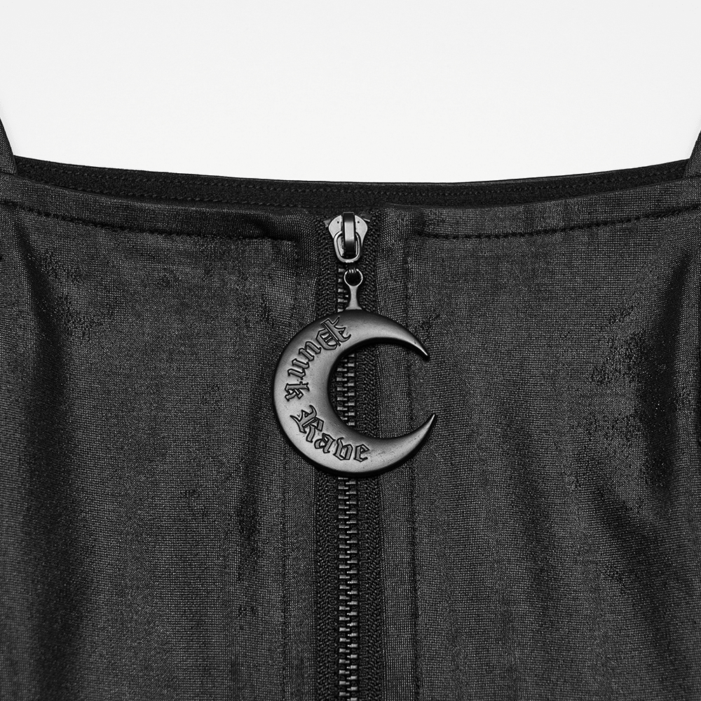 Black Gothic Moon Zip Handkerchief Hem Midi Dress