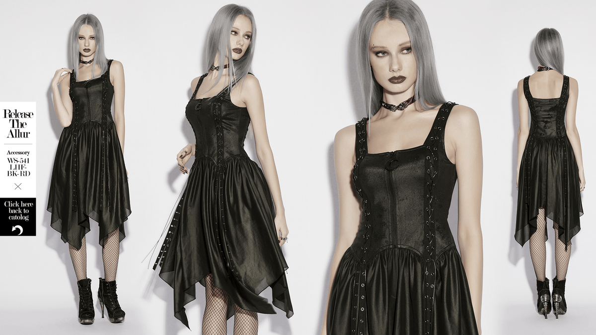 Black Gothic Moon Zip Handkerchief Hem Midi Dress