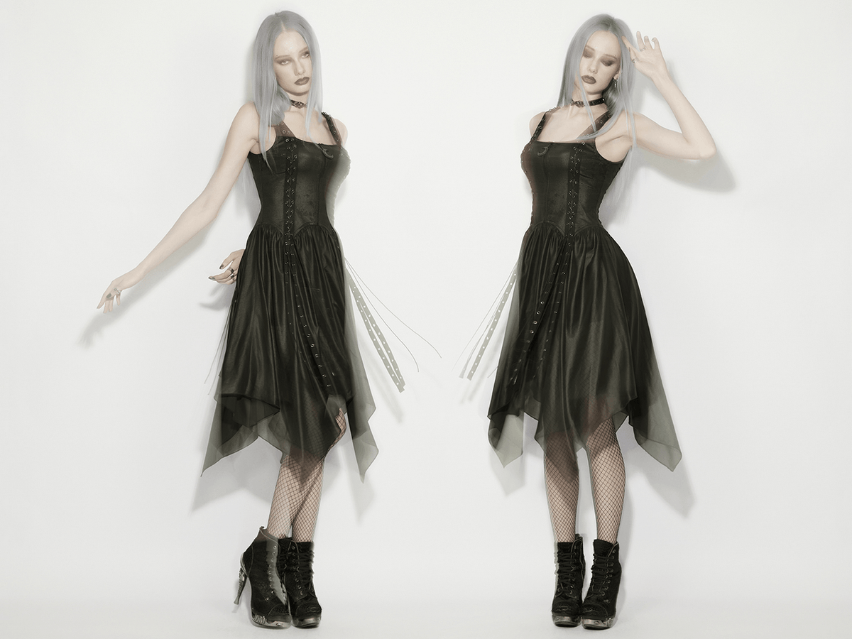 Black Gothic Moon Zip Handkerchief Hem Midi Dress