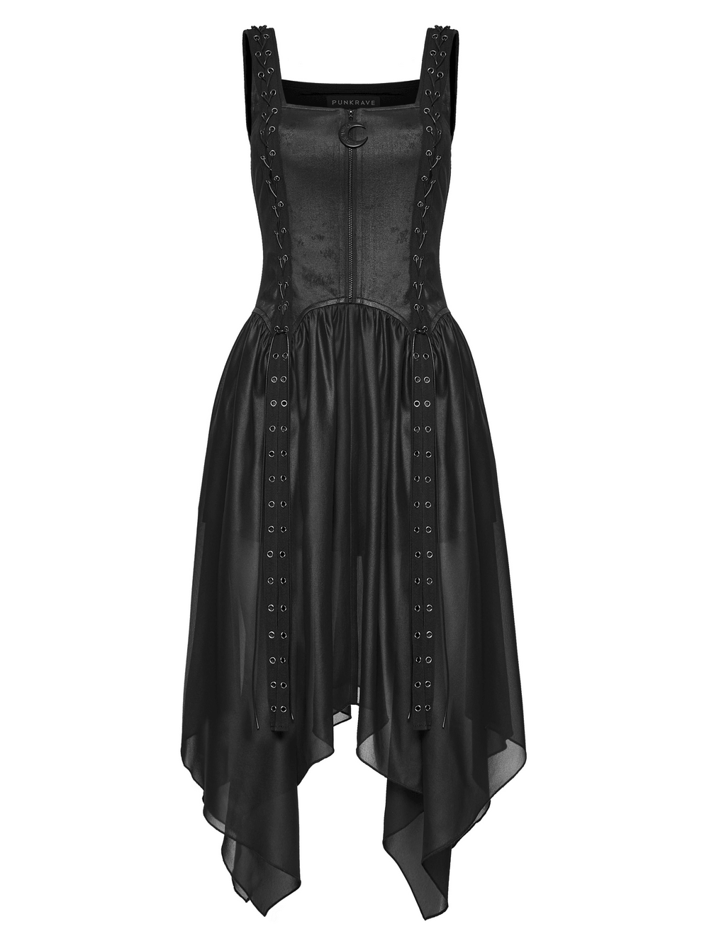 Black Gothic Moon Zip Handkerchief Hem Midi Dress