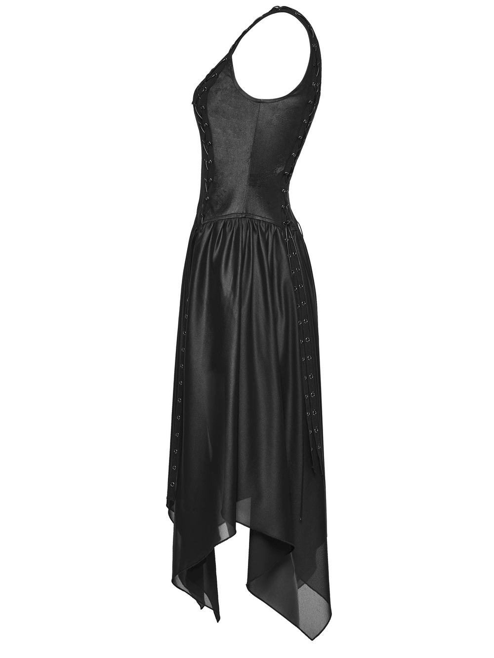 Black Gothic Moon Zip Handkerchief Hem Midi Dress