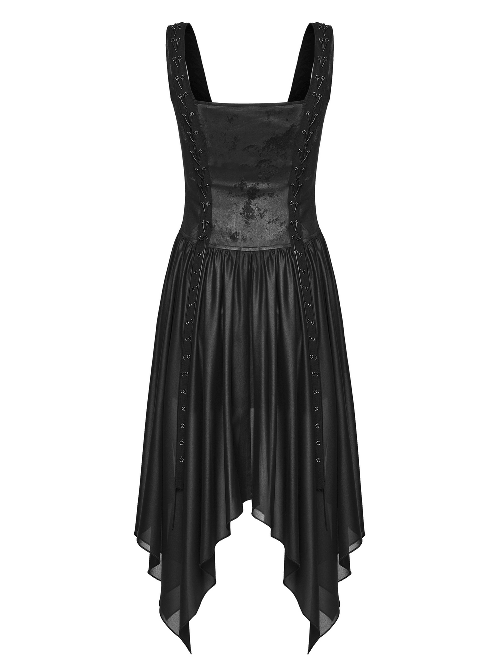 Black Gothic Moon Zip Handkerchief Hem Midi Dress