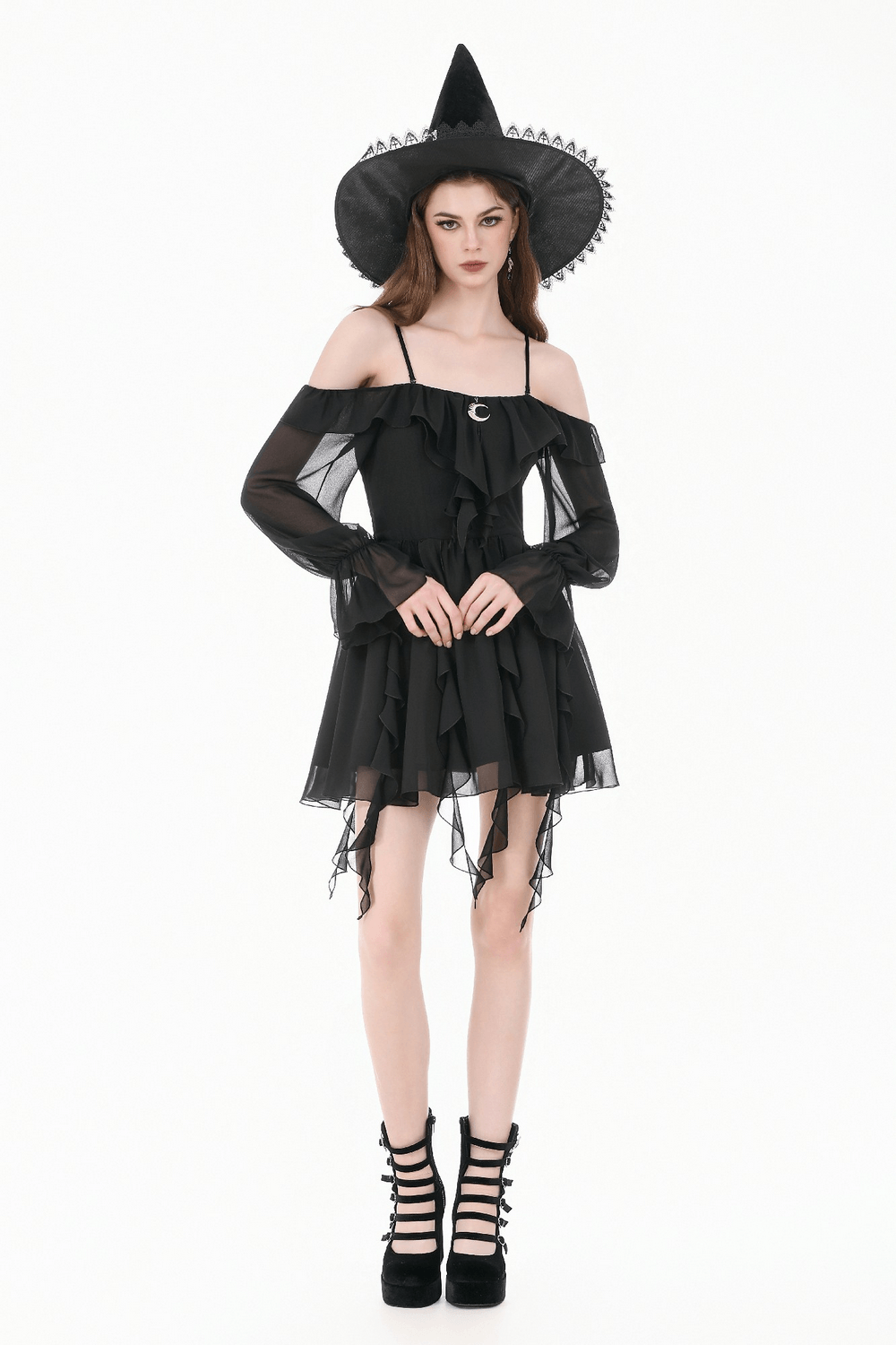 Black Gothic Off-Shoulder Dress with Ruffle Layers