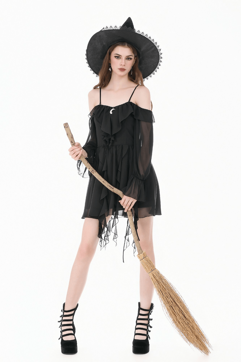 Black Gothic Off-Shoulder Dress with Ruffle Layers