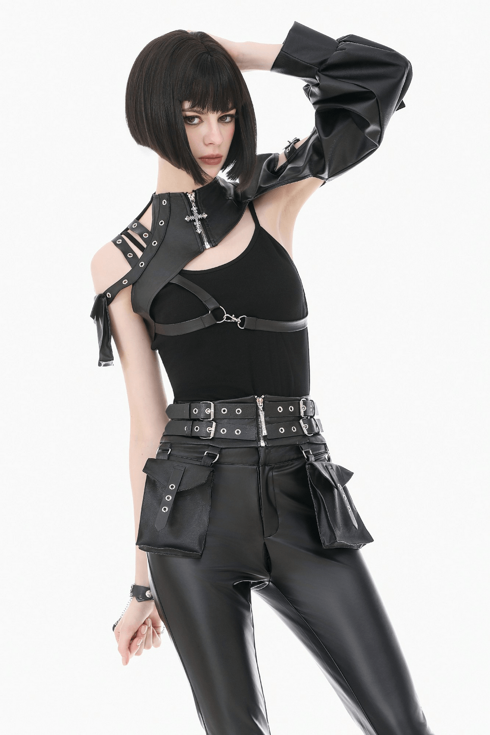 Black Gothic One-Sleeve Bolero with Cross Zip