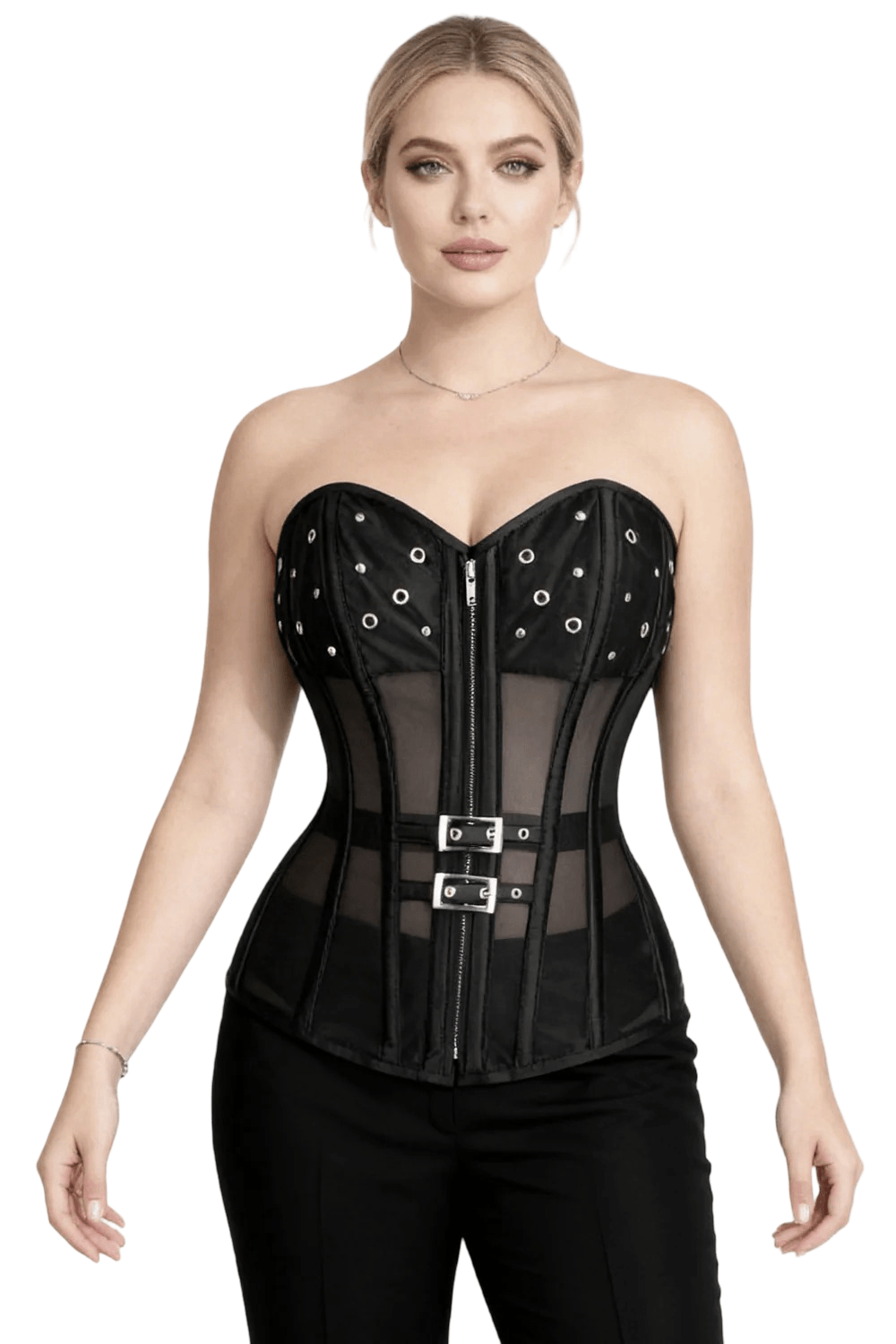 Black Gothic Overbust Corset with Buckles and Sheer Overlays