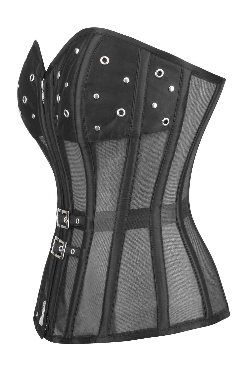 Black Gothic Overbust Corset with Buckles and Sheer Overlays