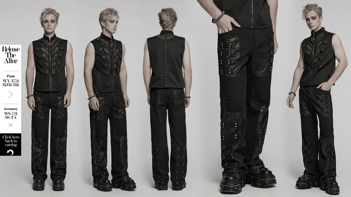 Black Gothic Pants with Pleated Panels and Rivets