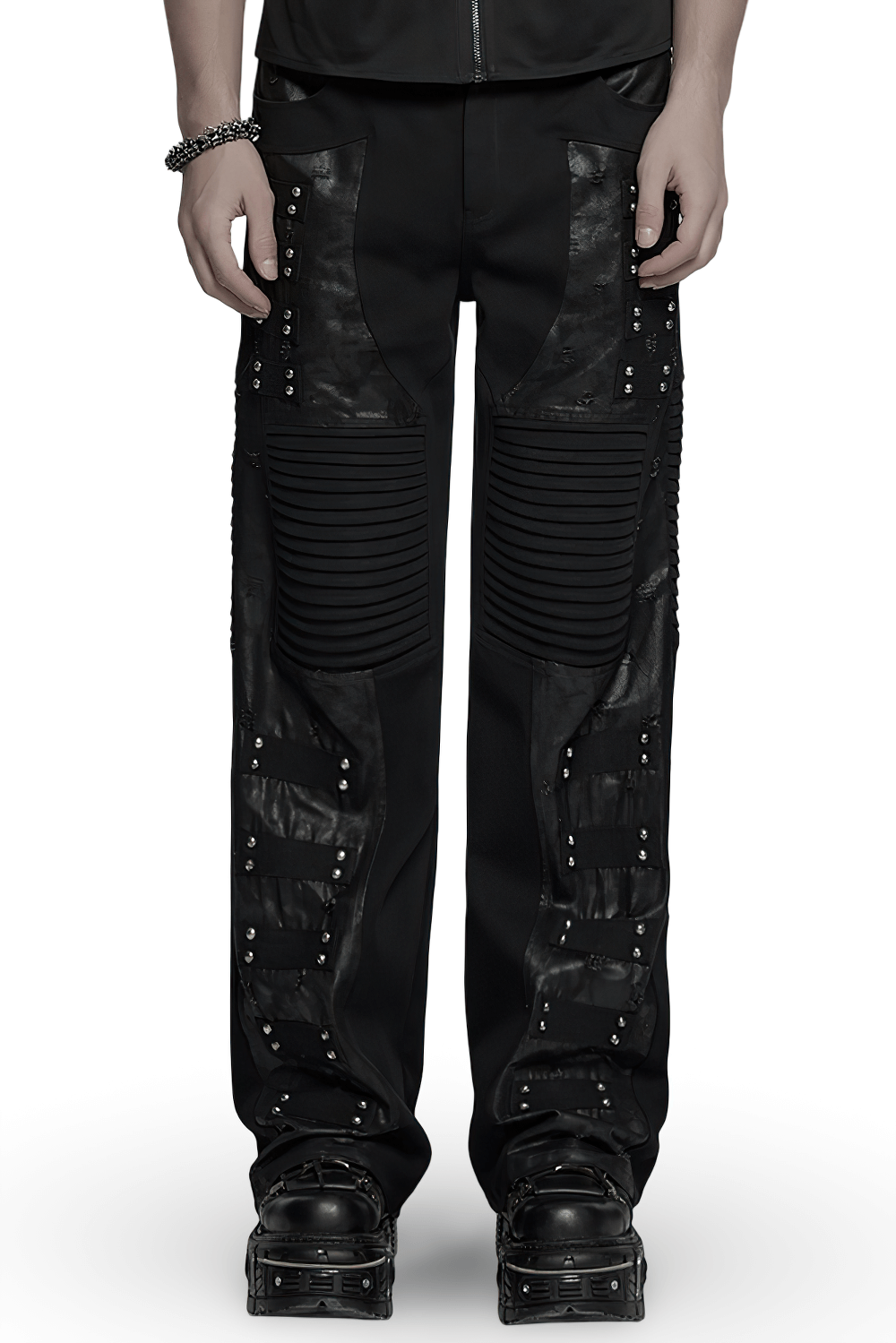 Black Gothic Pants with Pleated Panels and Rivets
