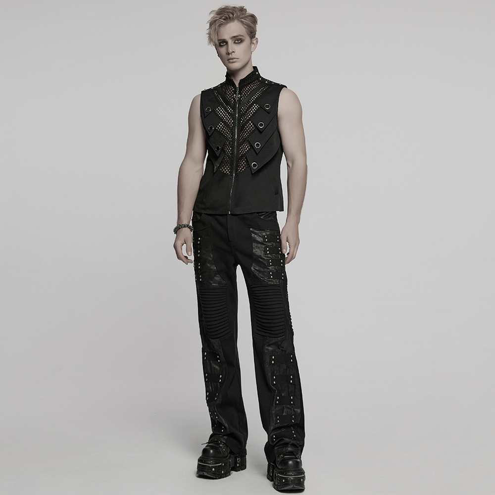 Black Gothic Pants with Pleated Panels and Rivets