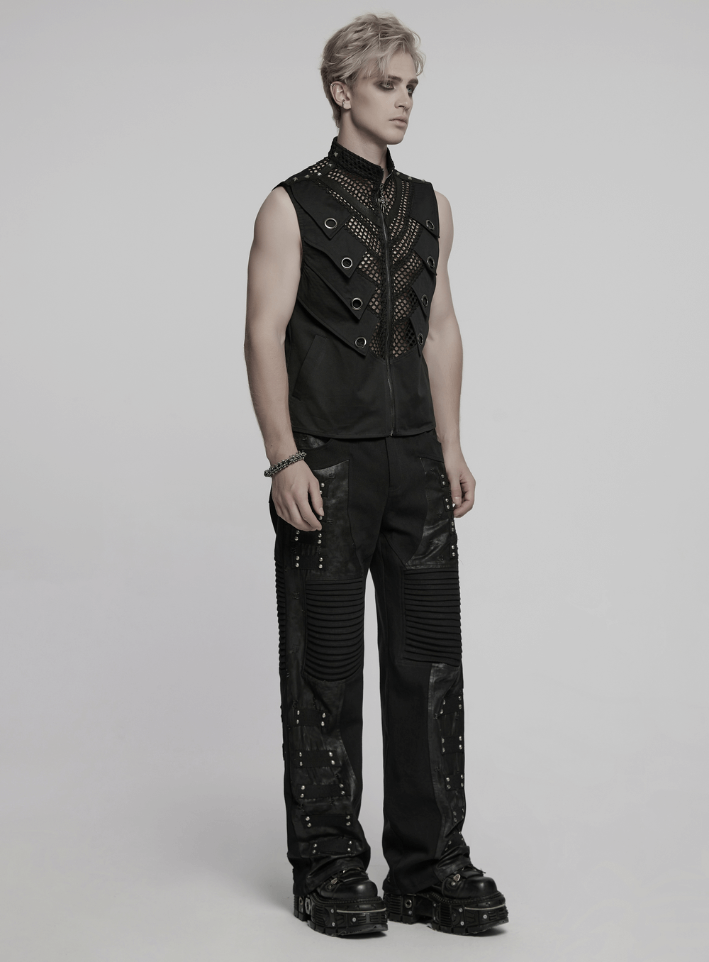 Black Gothic Pants with Pleated Panels and Rivets