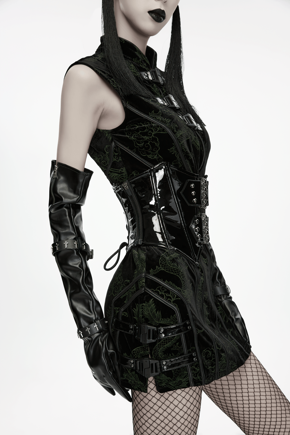 Black Gothic Patent Corset Belt with Skull Buckles