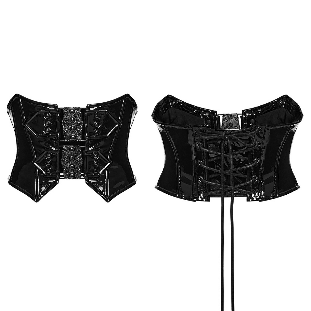 Black Gothic Patent Corset Belt with Skull Buckles