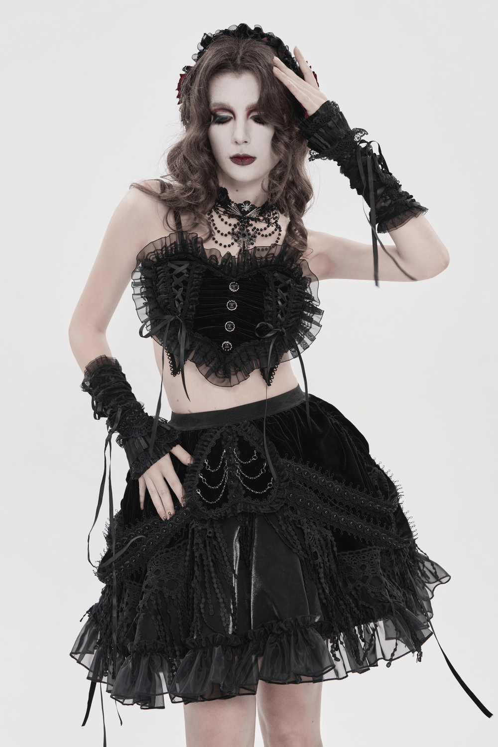 Black Gothic Rose Bonnet with Lace Ruffles and Studs