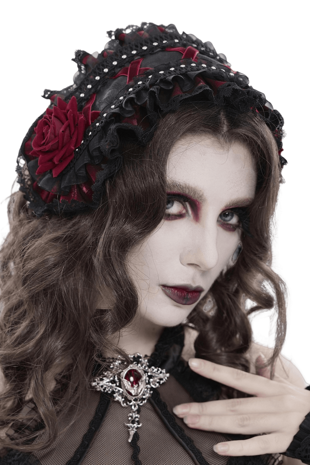 Black Gothic Rose Bonnet with Lace Ruffles and Studs