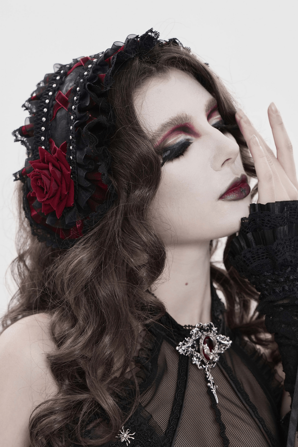 Black Gothic Rose Bonnet with Lace Ruffles and Studs