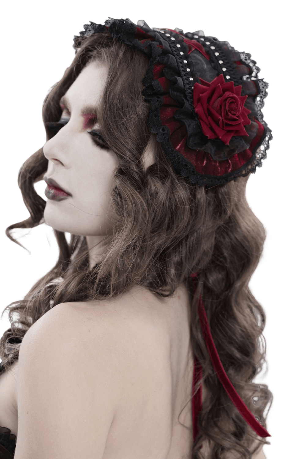 Black Gothic Rose Bonnet with Lace Ruffles and Studs